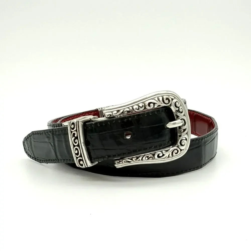 Brighton Reversible Leather Belt Red Black Croc M 30 Western Silver Tone Buckle